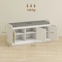 HOMCOM Banco Sapateira Entrada 9 pares Banco de Arrumação 3 portas em Vime Almofada e Prateleira Ajustável 105x35x47 cm Branco(m-3)