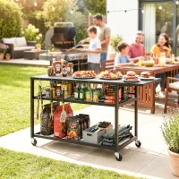 Outsunny Gartenwagen Grillwagen auf Rollen mit klappbarer Seitenablage, drei Ablagen, 133 x 48,5 x 82 cm, Schwarz(m-4)