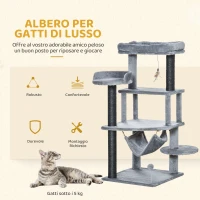 PawHut Albero Tiragraffi per Gatti con Palo, Casetta, Letto, Amaca e 2 Giochi in Legno e Peluche, 48x48x107 cm, Grigio(m-6)