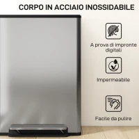 HOMCOM Pattumiera a Pedale con 2 Scomparti da 30L, Coperchio Ammortizzato e Secchi Rimovibili, Acciaio Inox, Argento(m-6)