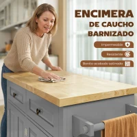 HOMCOM Isla de Cocina con Ruedas Mueble Auxiliar de Cocina con Especiero y Barra Lateral 111x44,5x82,5 cm Gris(m-4)