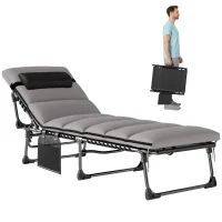 Outsunny Transat pliant portable pour jardin avec dossier réglable sur 5 positions, matelas rembourré, appui-tête(m-6)