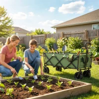 Outsunny Chariot de Jardin Pliable 130L avec Roues, Remorque Robuste avec Freins, Poignée Réglable, vert(m-10)