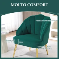 HOMCOM Poltroncina da Camera e Salotto a Conchiglia Stile Art Deco, in Tessuto Vellutato e Acciaio, 63x65x84 cm, Verde(m-4)