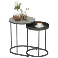 HOMCOM Set 2 Tavolini da Salotto Impilabili in Stile Industriale, in Legno e Metallo, Ø42x54 cm e Ø36.5x48.5 cm, Grigio e Nero(m-10)