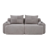 Canapé modulable 2 places en velours côtelé, avec porte-gobelet et poche latérale, 200x99x80 cm, Gris clair