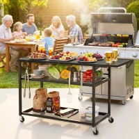 Outsunny Carrito Auxiliar para Barbacoa con Ruedas y Estantes, 133x48,5x82 cm, Negro(m-6)