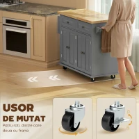 HOMCOM Căruț de Bucătărie cu 2 Sertare și 2 Dulapuri, Insulă de Bucătărie cu Blat din Lemn, 111x44,5x82,5 cm, Gri(m-7)