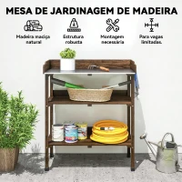 Outsunny Mesa de Jardinagem de Madeira com Superfície Metálica Prateleiras e Ganchos para Jardim e Terraço 76x37x89 cm Carbonizado(m-6)