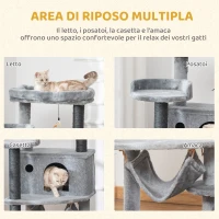 PawHut Albero Tiragraffi per Gatti con Palo, Casetta, Letto, Amaca e 2 Giochi in Legno e Peluche, 48x48x107 cm, Grigio(m-4)