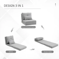 HOMCOM Poltrona Letto 3 in 1 Convertibile in Chaise Longue e Divano da Terra con 2 Cuscini, Grigio Chiaro(m-5)