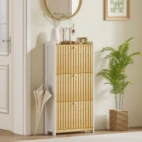 HOMCOM Meuble à chaussures 18 paires avec 3 tiroirs rabattables, portes en bambou à lattes, 60x24x118cm, blanc et bois naturel(m-10)