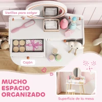 AIYAPLAY Tocador de Maquillaje Niña Tocador Infantil con Taburete y Espejo 2 Cajones y Barras Colgantes 3 a 8 Años Blanco(m-5)