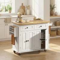 HOMCOM Isla de Cocina con Ruedas Mueble Auxiliar de Cocina con Especiero y Barra Lateral 111x44,5x82,5 cm Blanco(m-2)