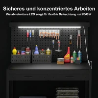 HOMCOM 110 cm Werkbank mit Lochwand, robuste Werkbank mit Steckdosenleiste und LED-Beleuchtung, Schwarz(m-6)