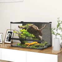 PawHut Terrarium für Reptilien Glasterrarium 48L mit Frontbelüftung Steinrückwand Drehverschluss 50 x 30 x 35 cm Schwarz(m-2)