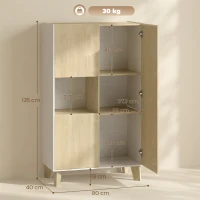 HOMCOM Buffet para Sala Móvel de Arrumação com 6 Compartimentos e Portas com Fecho Amortecido 80x40x135 cm Branco e Madeira Natural(m-3)