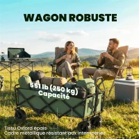 Outsunny Chariot de Jardin Pliable 130L avec Roues, Remorque Robuste avec Freins, Poignée Réglable, vert(m-5)