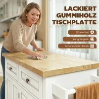 HOMCOM Küchenschrank, Servierwagen, Kücheninsel mit Rollen, Küchenwagen, Küchenregal mit Schublade und verstellbares Regal, Gummiholz, MDF, Spanplatte, Weiß, 111 x 44,5 x 82,5 cm(m-4)