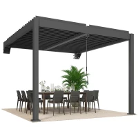 Outsunny Pergola env. 3x3 m abri de terrasse en aluminium avec toit à lames réglable montage mural Gris foncé(m-6)
