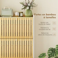 HOMCOM Meuble à chaussures 18 paires avec 3 tiroirs rabattables, portes en bambou à lattes, 60x24x118cm, blanc et bois naturel(m-6)