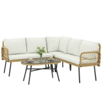 Outsunny Salotto da giardino in polyrattan 4 pezzi con divano angolare, tavolo in vetro e cuscini, Crema(m-7)