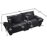 Modernes 2-Sitzer-Stoffsofa, für Wohnzimmer/Schlafzimmer/Büro, 224 x 81 x 81 cm, Schwarz(m-3)