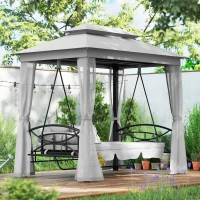 Outsunny 3 Seater Convertible Swing Chair, Outdoor Gazebo Swing Seat Bed with Double Tier Canopy, Cushioned Seat, Mesh Sidewalls, Light Grey(m-9)