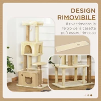 PawHut Albero Tiragraffi per Gatti Alto 136 cm con Cuccia Rimovibile, Casetta e Lettino, Pali in Iuta, Beige(m-7)