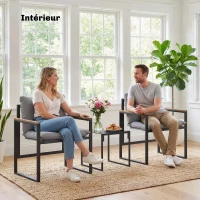 Outsunny 3-teiliges Gartenmöbel-Set für 2 Personen mit 2 Sesseln und 1 Beistelltisch, gehärtete Glasplatte und Kissen, grau(m-5)