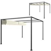 Outsunny Pergola Gazebo da Esterno 4x3 m con Tettuccio Retrattile in Metallo e Poliestere, Crema(m-10)