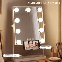 HOMCOM Espelho de Maquilhagem com Luz 9 Lâmpadas LED 3 Cores Interruptor Tátil Suporte para Telemóvel Branco(m-5)