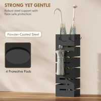 HOMCOM Stojak na parasole, metalowy stojak na parasole, wolnostojący stojak z haczykami i tacką ociekową, miejsce na 8 parasoli, czarny(m-6)