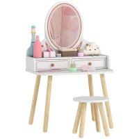 AIYAPLAY Dziecięcy Stolik do Makijażu Zestaw z Taboretem Lustrem Szufladami Drążkami na Ubrania dla 3-8 Lat 56 x 38 x 87,8 cm Biały(m-11)