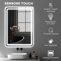HOMCOM Specchio Bagno con Interruttore Touch, Luce LED a 3 Temperature e Antiappannamento, 70x100cm(m-5)