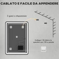 HOMCOM Specchio Bagno con Interruttore Touch, Luce LED a 3 Temperature e Antiappannamento, 70x100cm(m-9)