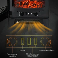 HOMCOM Camino Elettrico Effetto Fiamma e 3 Lati Aperti, Temperatura Regolabile 900W-1800W, Protezione da Surriscaldamento, Copertura 20-25m², 39x26x54.8cm, Nero(m-6)