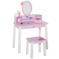 HOMCOM Toeletta per Bambine 3+ Anni in Legno, Set Tavolo da Trucco Giocattolo con Specchio e Sgabello, Rosa(m-11)