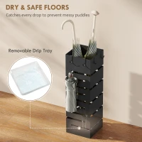 HOMCOM Stojak na parasole, metalowy stojak na parasole, wolnostojący stojak z haczykami i tacką ociekową, miejsce na 8 parasoli, czarny(m-4)