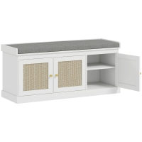 HOMCOM Banco zapatero entrada 9 pares, banco de almacenamiento, 3 puertas de ratán, cojín y estante ajustable, 105x35x47cm, blanco