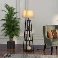 HOMCOM Lampada da Terra in Metallo e MDF a 3 Ripiani con Paralume in Tessuto, Ø42x166 cm, Nero e Beige(m-2)