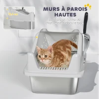 PawHut Bac à litière en acier inoxydable, maison de toilette pour chat, bords hauts, nettoyage facile, 43,1x33,2x25,4cm, gris(m-6)