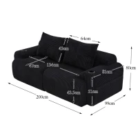 Modulares 2-Sitzer-Cordsofa, mit Getränkehalter und Seitentasche, 200 x 99 x 80 cm, Schwarz(m-3)