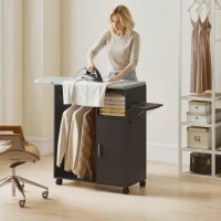 HOMCOM Meuble Planche à Repasser avec Surface Effet Lin, 3 Étagères en Cube et Rail, 127x42.5x99 cm, Noir(m-4)