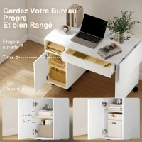 HOMCOM Bureau d'ordinateur sur roulettes, table informatique avec abattant, tiroir, placard et compartiment, 130 x 58 cm, blanc(m-5)