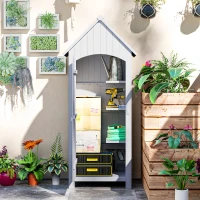 Outsunny Casetta Porta Attrezzi in Legno a 3 Mensole con Tetto Impermeabile in Bitume, 77.5x54.2x179.5 cm, Bianco(m-7)