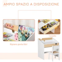 HOMCOM Set Scrivania e Sedia per Bambini con Cassetto e Scaffale, Bordi Arrotondati, Età 6-10 Anni, Bianco e Legno(m-6)