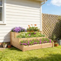 Outsunny Letto per Orto Rialzato a 3 Livelli in Legno Naturale, Fioriera da Esterno per Piante, 120x120x56cm(m-9)