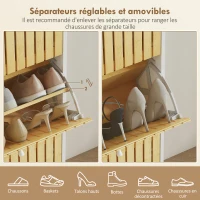 HOMCOM Meuble à chaussures 18 paires avec 3 tiroirs rabattables, portes en bambou à lattes, 60x24x118cm, blanc et bois naturel(m-5)