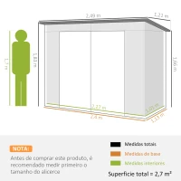 Outsunny Abrigo de Jardim 2,7m² 249x121x183 cm Abrigo de Exterior com Porta Dupla 2 Ventilaç4oes e Trava Abrigo para Pátio Cinza(m-3)